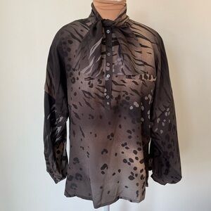 Escada 1980s Vintage Leopard Zebra Half Button Print Silk Neck Tie Blouse 34/4